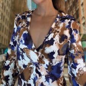 ZARA Abstract Print Twist Front Blouse | Blue Brown Cream | Long sleeve